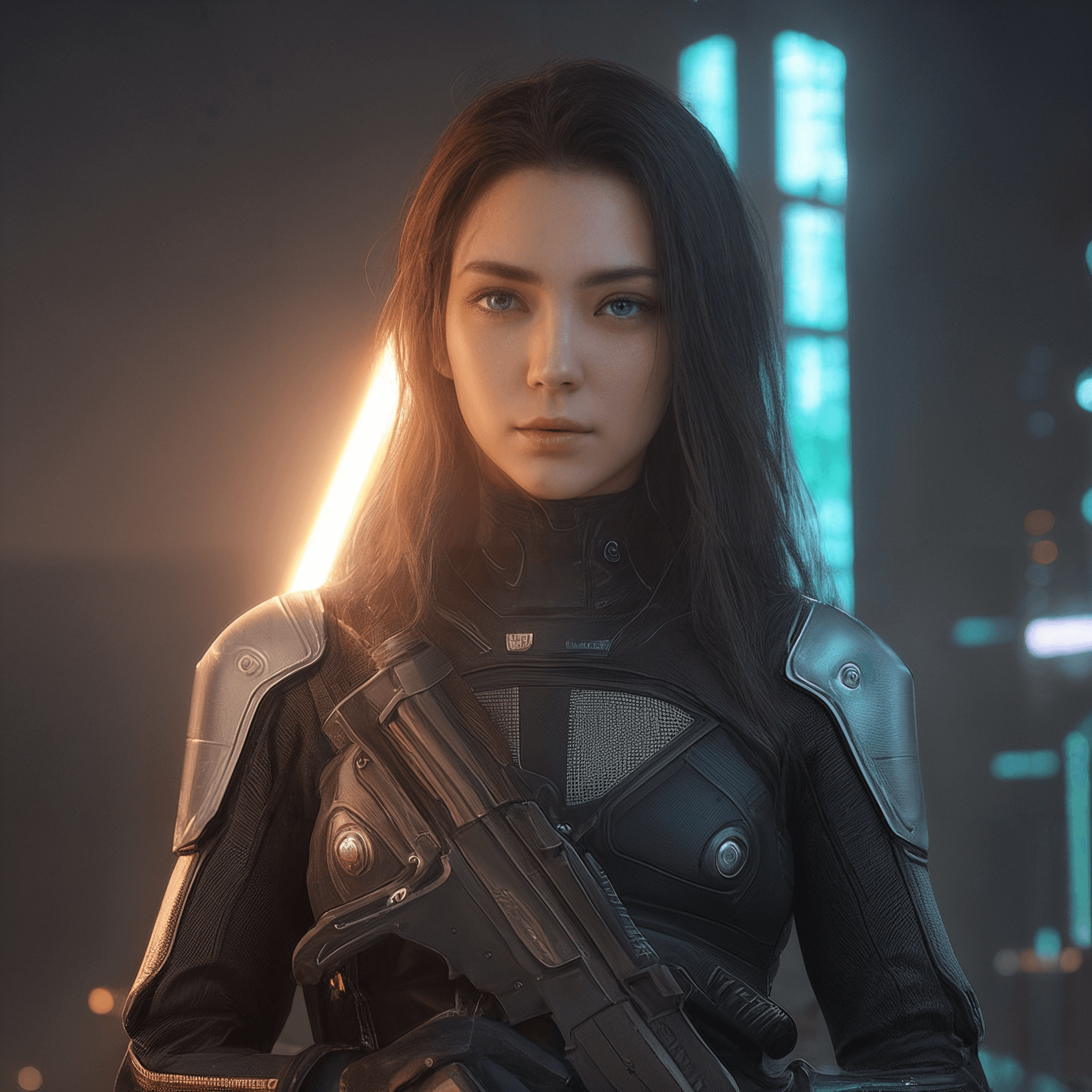 AI generated: a woman in a futuristic suit holding a gun in her hand, looking at the camera, cyberpunk art, neo-fi...