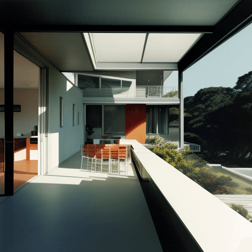 AI generated: Hyper realistic eye level exterior photo of a mid century modern style house overlooking the ocean, ...