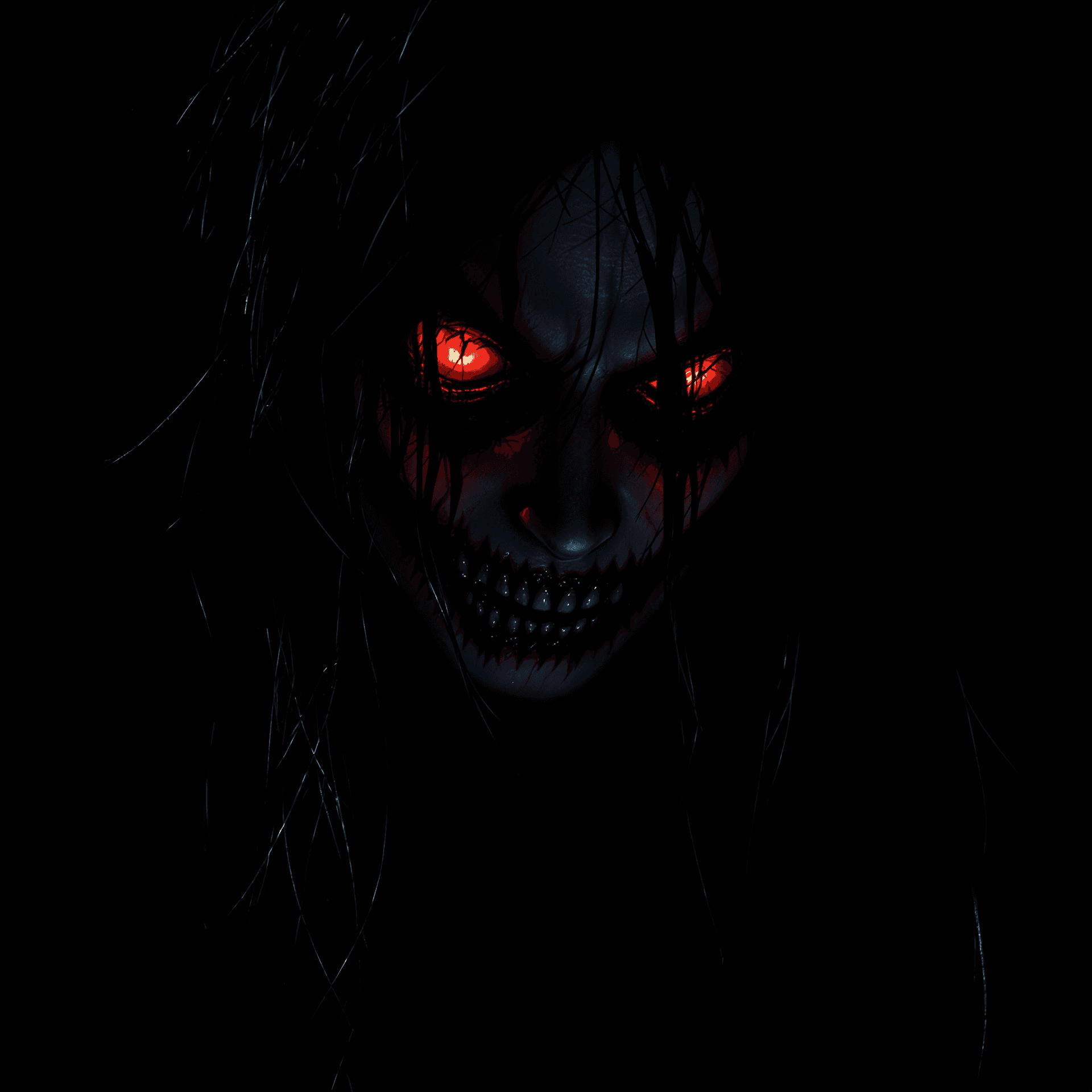 AI generated: in darkness, dark, demonic girl's face, glowing red eyes, long mess hair, brutal composition, scary ...