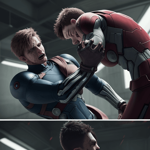 AI generated: Realistic cgi vfx Two friends are fighting, one of them has a metal arm and a long arm and they both...