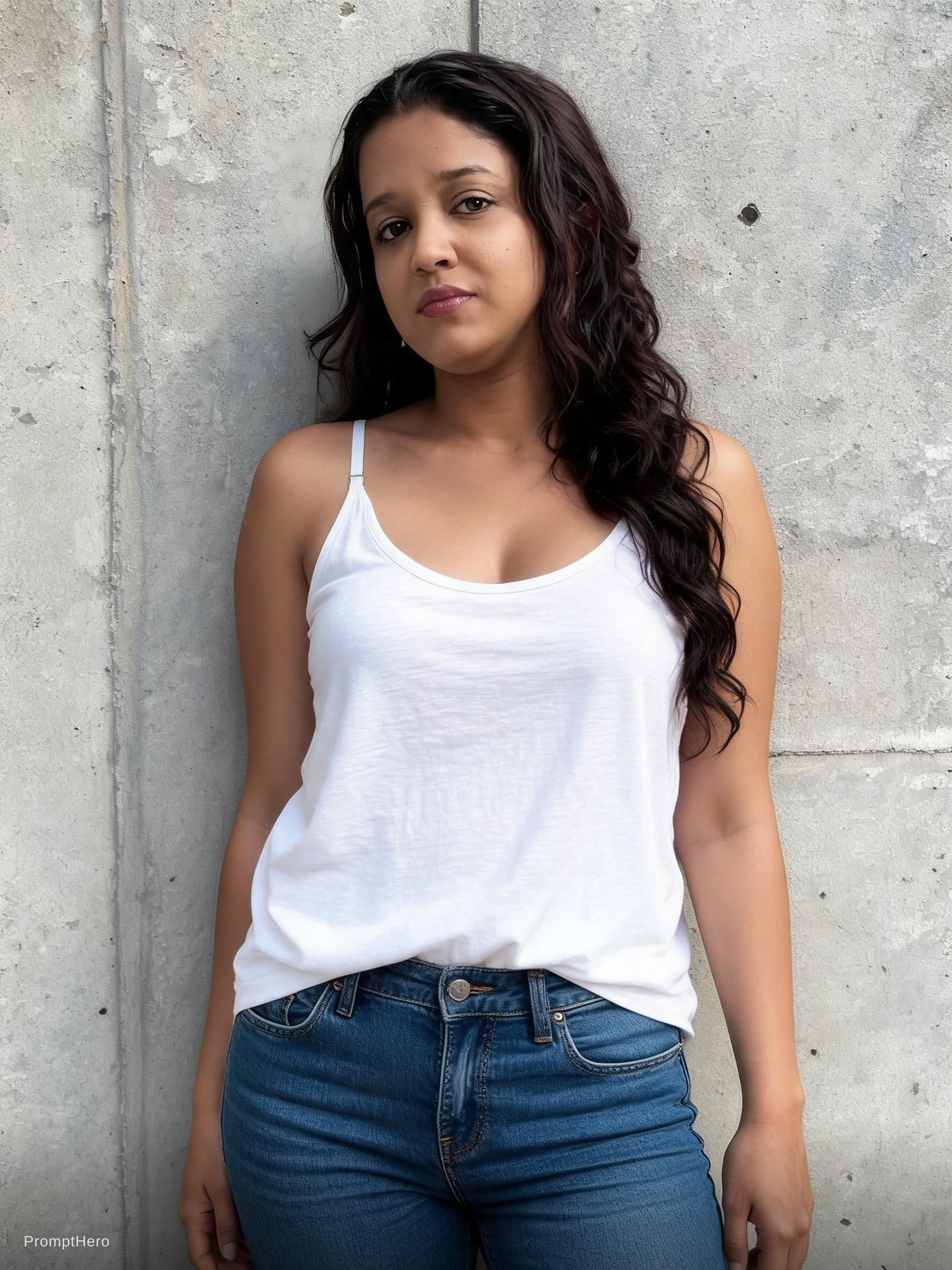 AI generated: A woman with long brunette hair and fair skin is captured in a candid moment. She's wearing a very l...