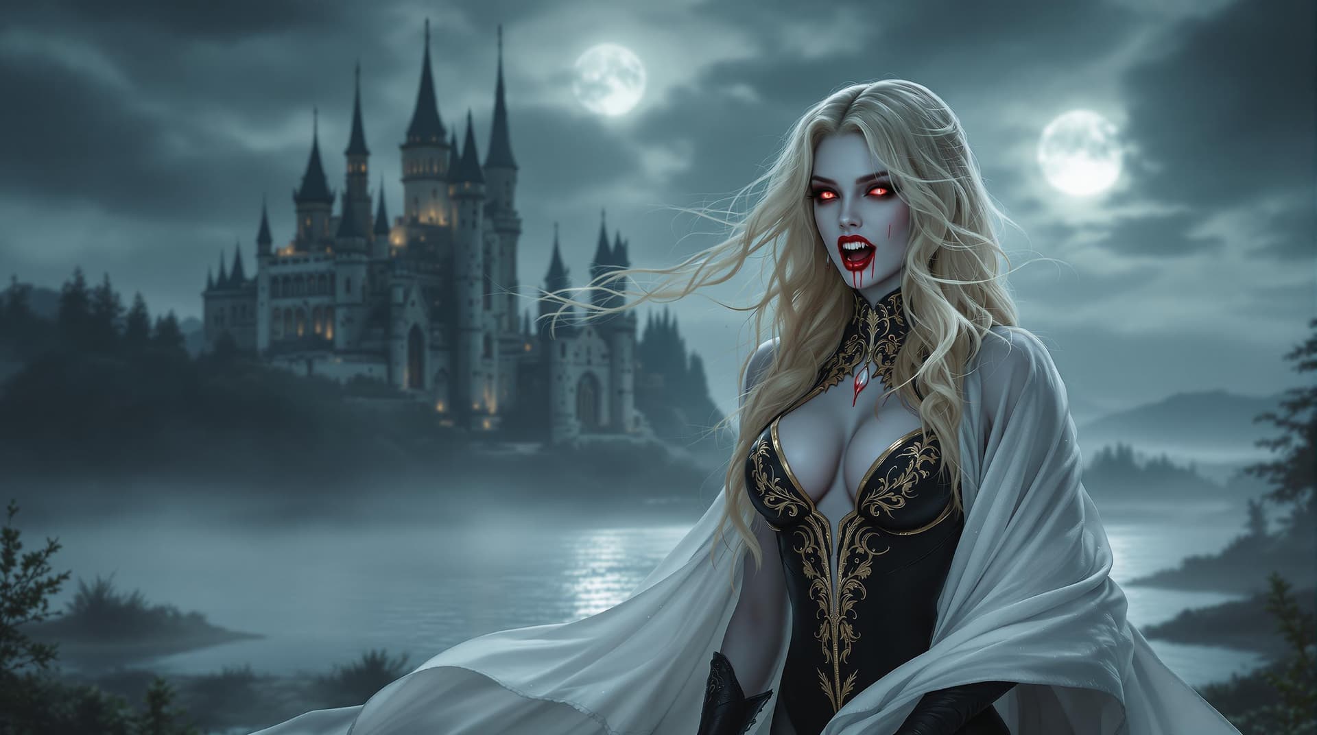 AI generated: a vampire woman with visible enormously long incisors, crimson liquid dripping from the corners of h...