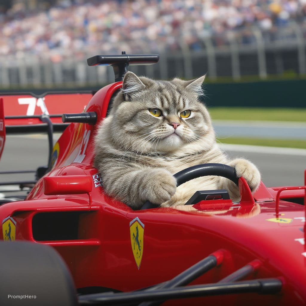 AI generated: a fat cat driving a Formula 1 car