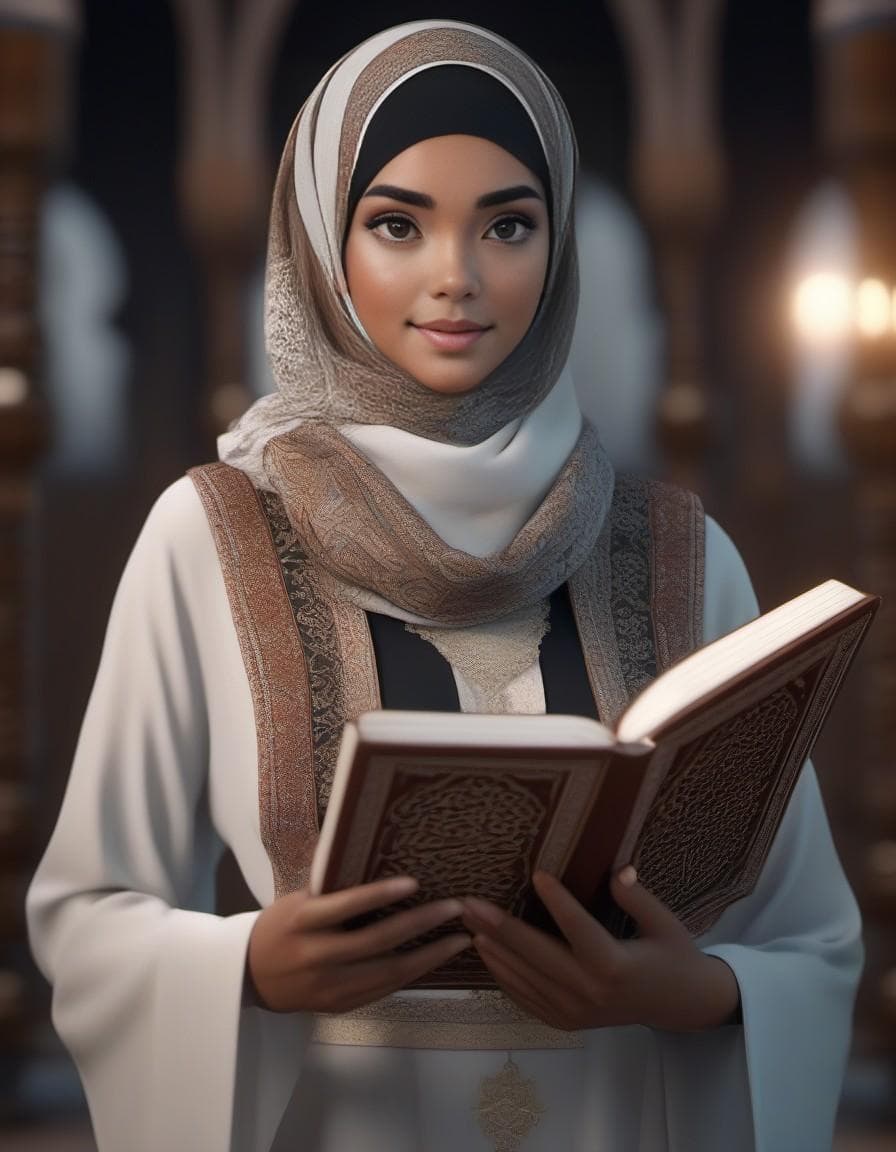 AI generated: (Indonesian woman:1.8) (hijab:1.8) intricate hijab, (riding quran:1.8) detailed, 4D, CG render, octa...