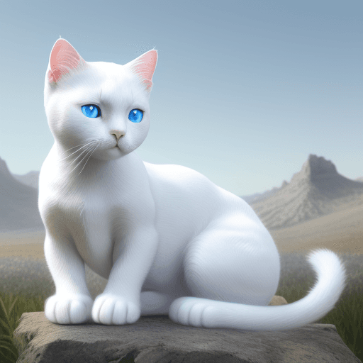 AI generated: a white cat with blue eyes facing space, in the style of photo-realistic landscapes, realistic felin...