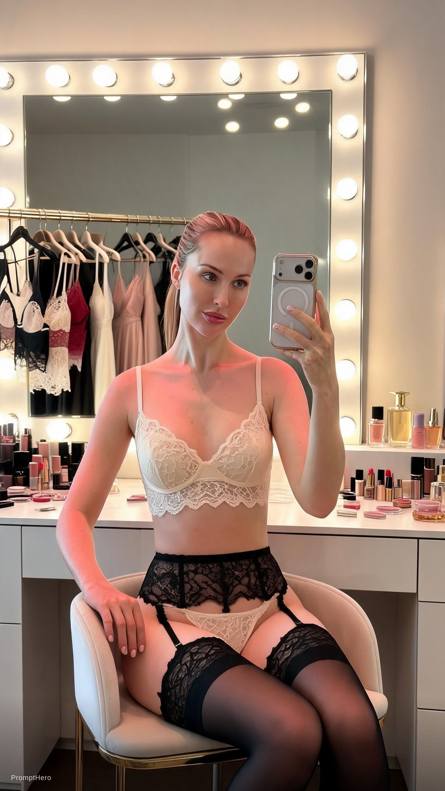 AI generated: professional fashion shoot for lace stockings lingerie setting dressing room
