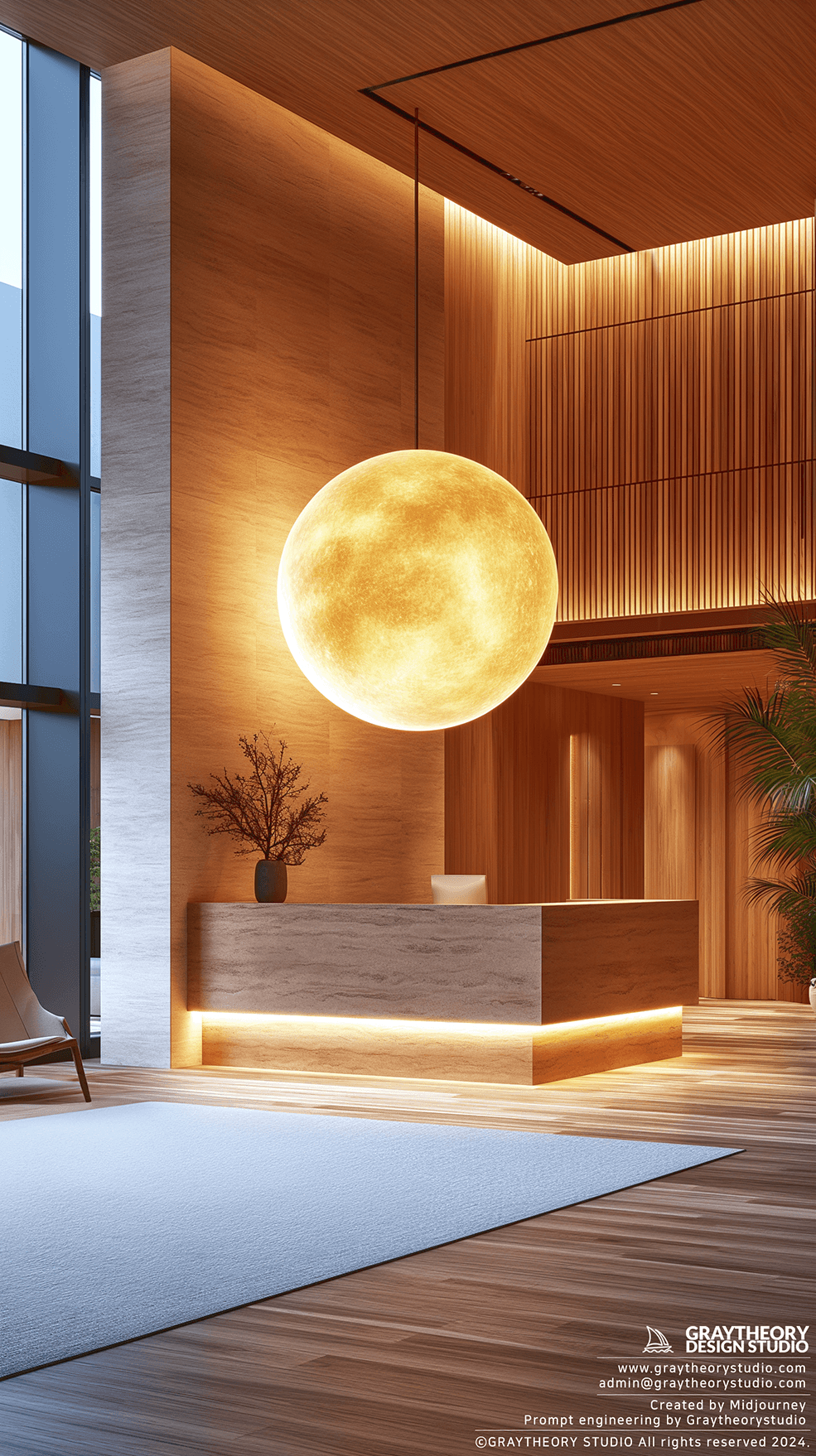 AI generated: laid-back office reception desk, simple, Leica SL2, incorporate pendant light, soft glow of indirect...