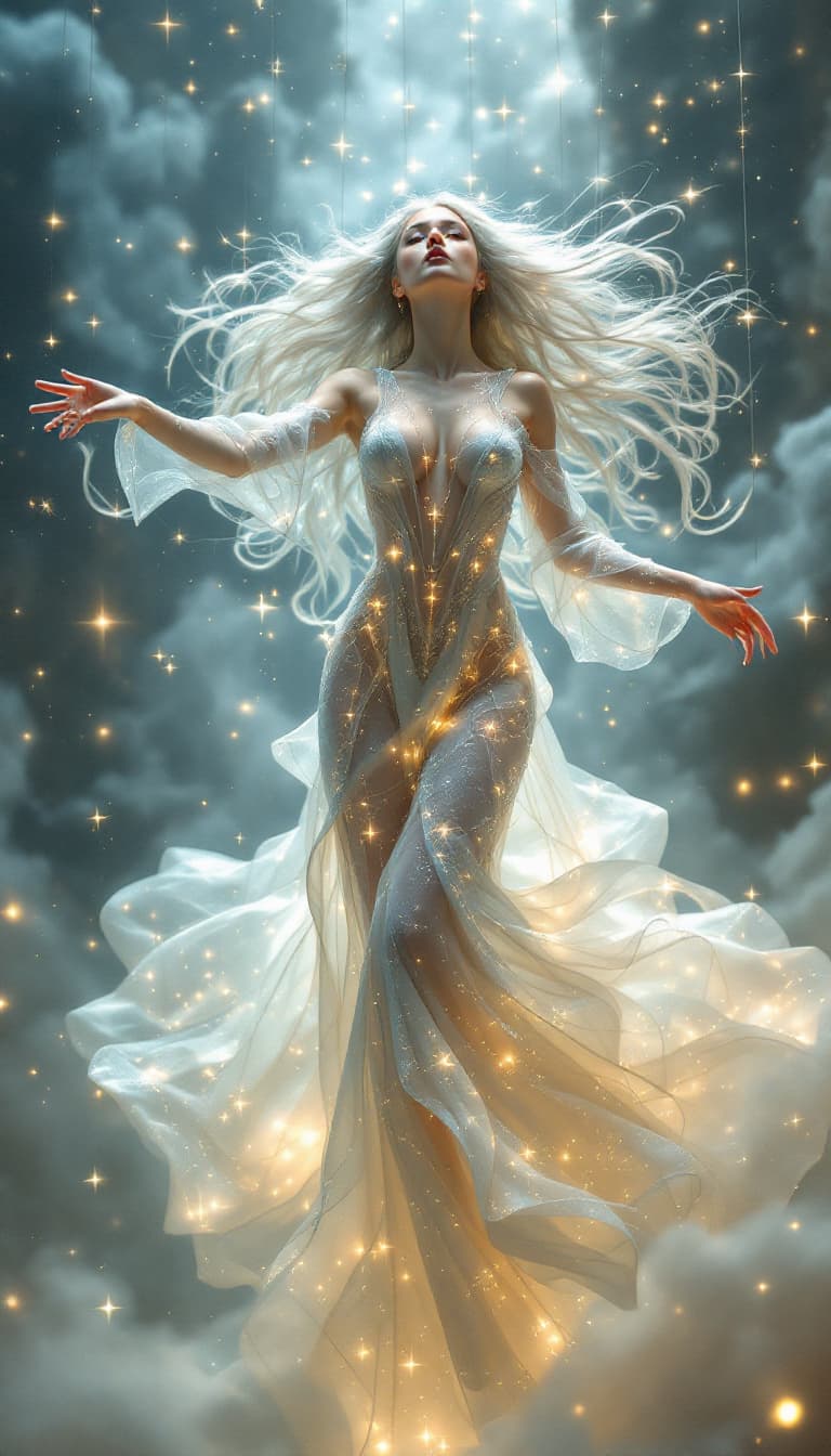 AI generated: An ultra-realistic, full-body portrait of a captivating celestial puppeteer woman, radiating etherea...
