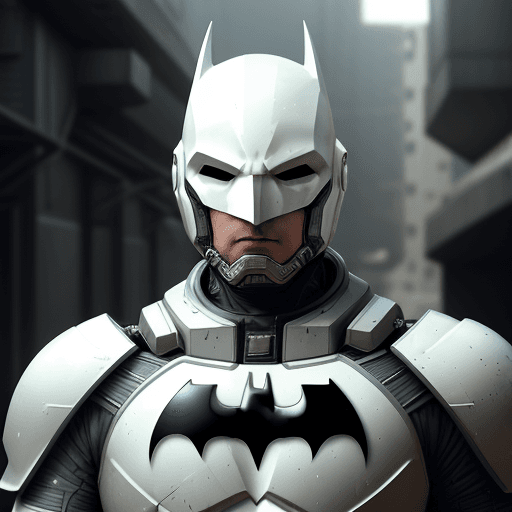 AI generated: white sci-fi batman armor with cybernetic helmet, full armor, insulated armor, spacesuit, bald head,...