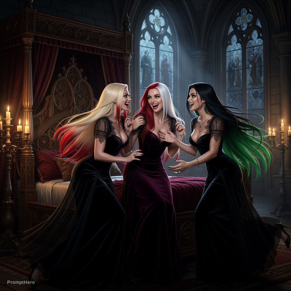AI generated: Highly sensual and joyful dark vampire scene at night in a grand gothic chamber, three breathtakingl...