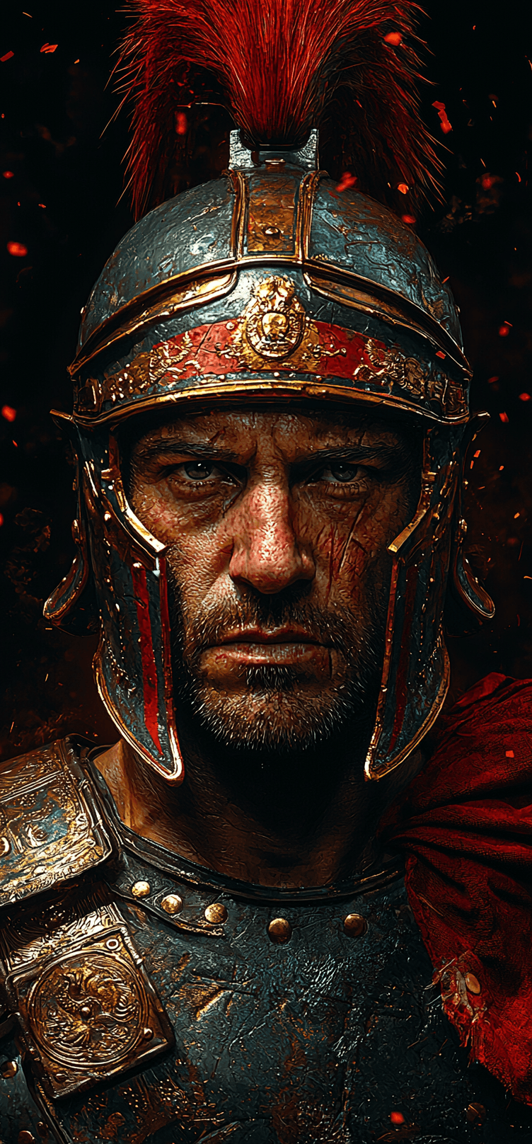 AI generated: A highly detailed photorealistic digital illustration of a Roman gladiator, captured in a commanding...