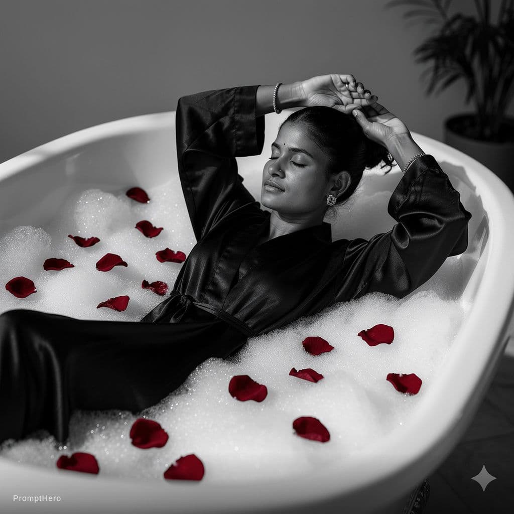 AI generated: A sensual, black and white photograph of a woman reclining in a luxurious bathtub filled with rich, ...
