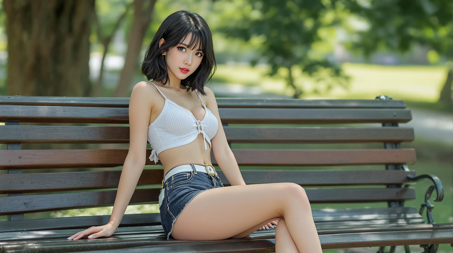 AI generated: Beautiful young woman poses in a casual summer outfit and a short micro skirt with exposed panties, ...