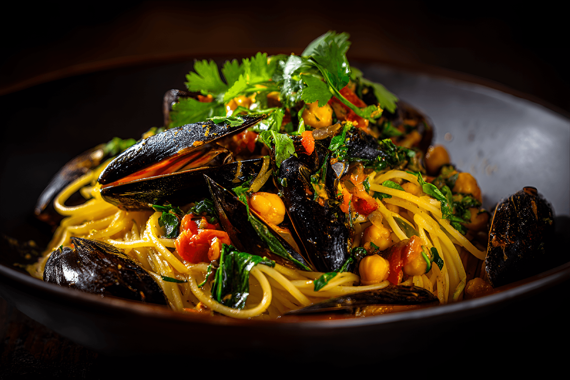 AI generated: arge, dark brown bowl filled with a hearty seafood pasta dish.  The pasta is spaghetti, light golden...