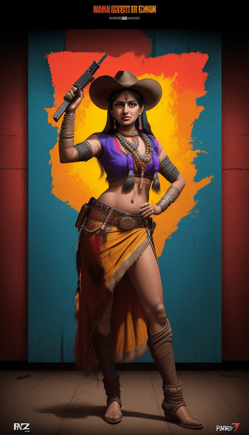 AI generated: Movie Poster, Full body portrait, head to toe, Indian Women as a cowgirl, brandishing a pistol, a da...