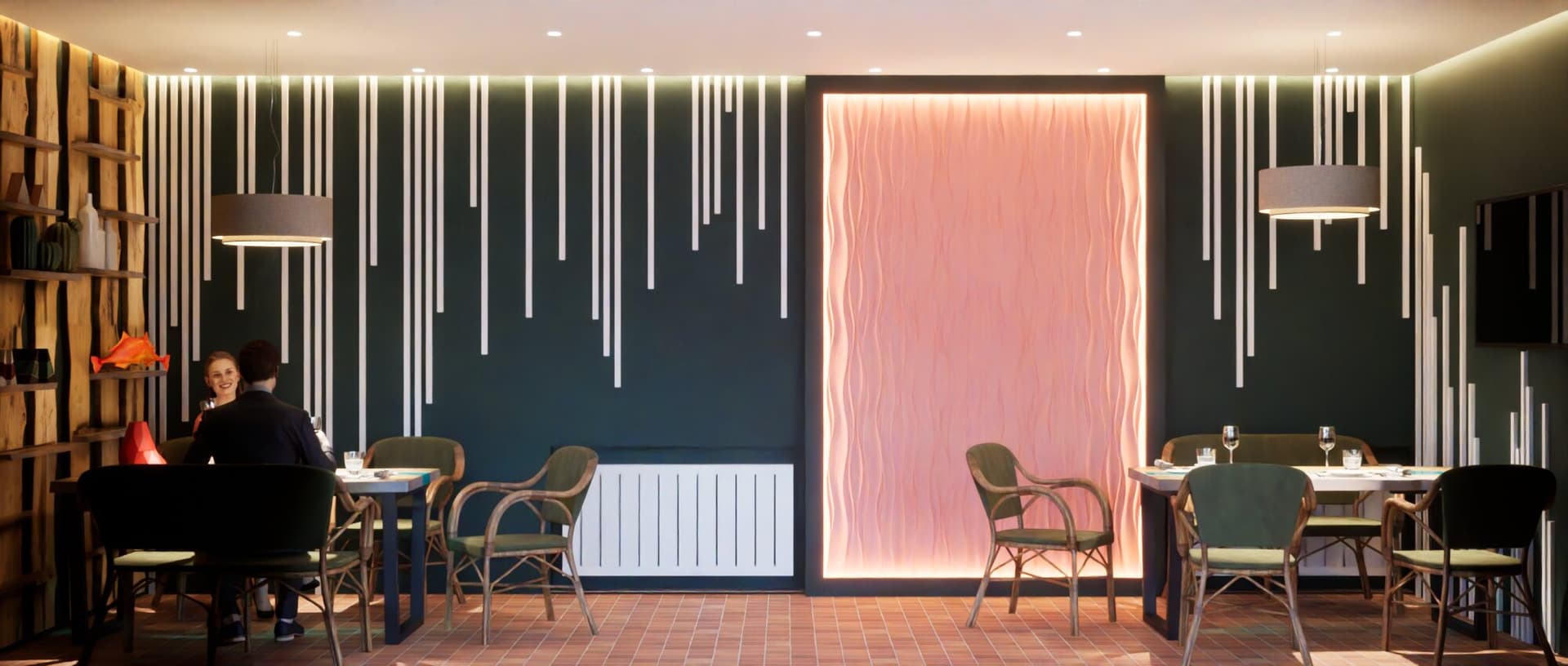AI generated: A restaurant with green and pink walls, brick floors, and modern decor.