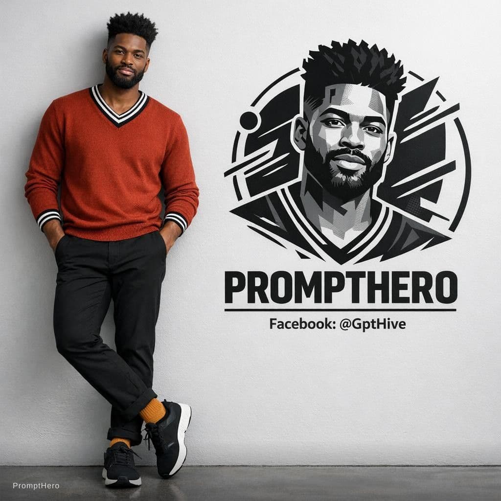 AI generated: "Ultra-realistic 8K full-body portrait of a stylish young black man leaning casually against a clean...