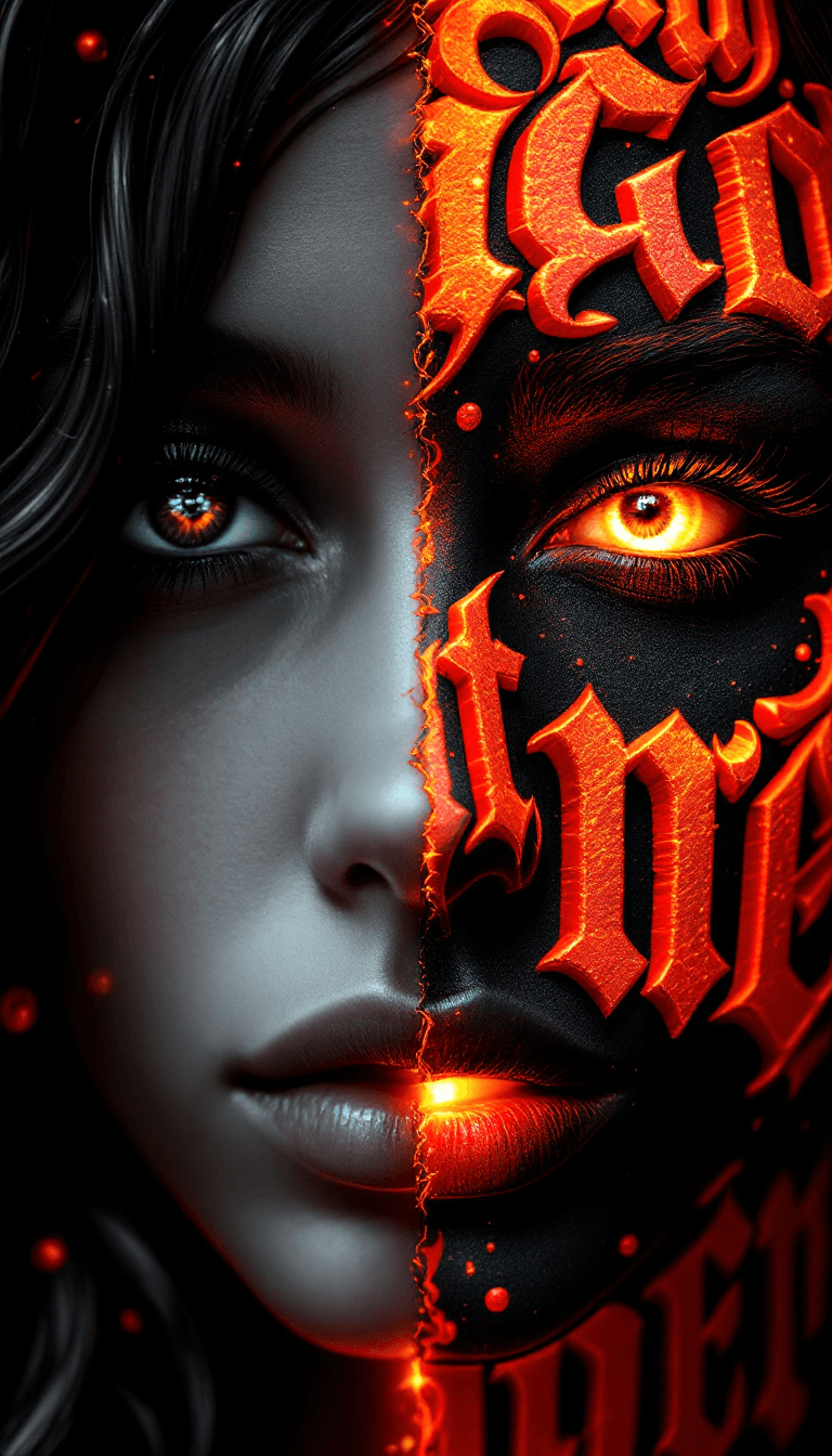 AI generated: A surreal, high-contrast close-up portrait of a human face split into two textured halves. The left ...