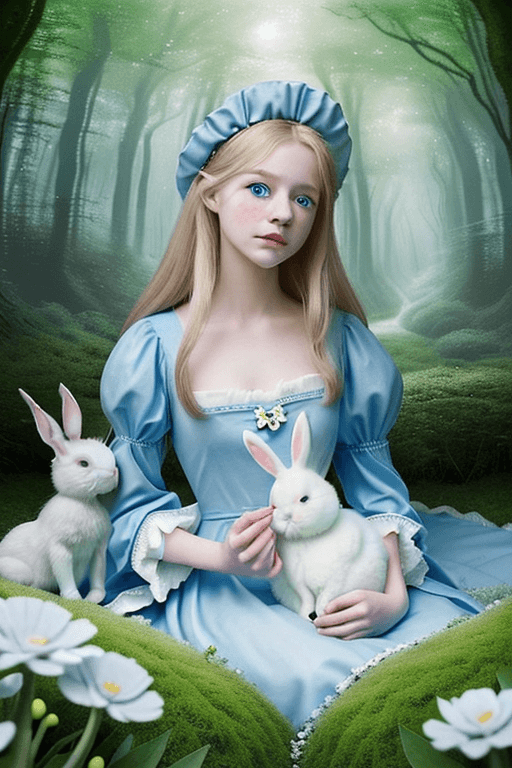 AI generated: ((portrait of young girl holding a white bunny)), (best friends for life), (Alice In Wonderland), (l...