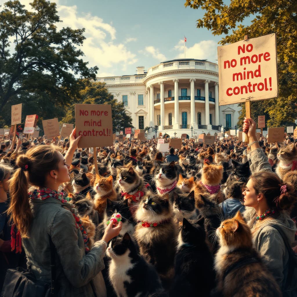 AI generated: A large crowd of picketing cats in front of the White House. They are carrying signs saying: "no mor...