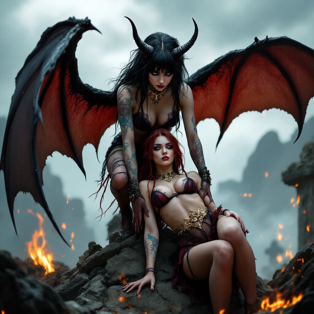 AI generated: HD Photo of a hyper realistic demon woman with colorful arm tattoos and black hair with bangs. Her s...