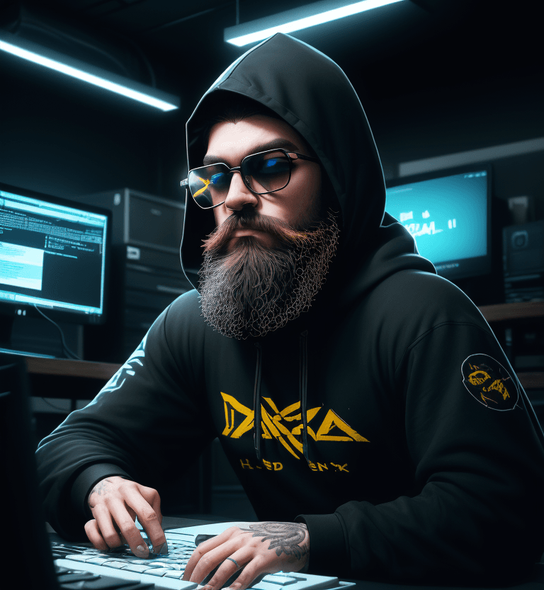 AI generated: 
457 / 5.000
hacker, darkroom, coder, computer, man, medium beard, cool, grunge, (typing), ultra-det...