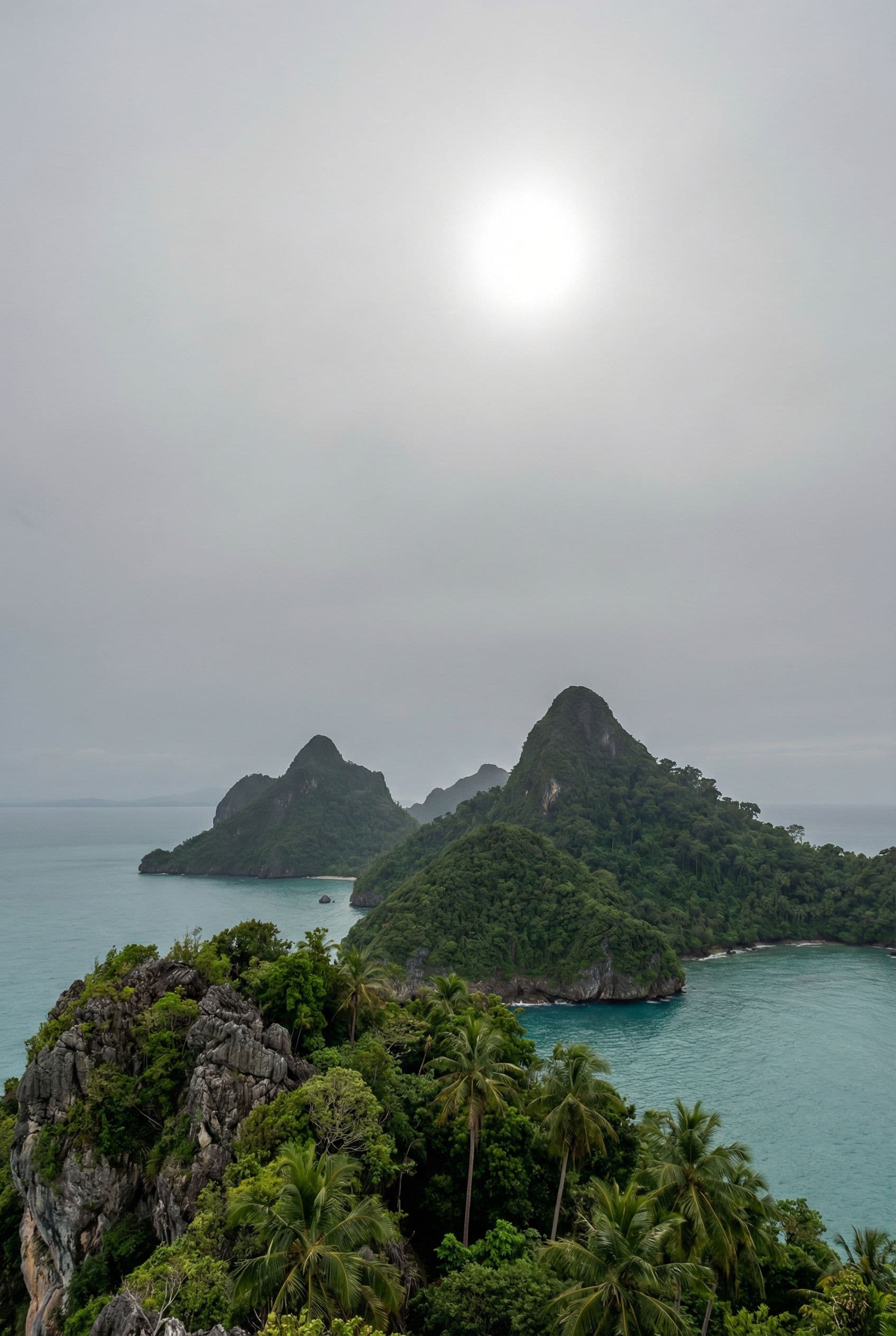 AI generated: a scenic landscape with an ocean and islands with really tall mountains covered in lush green but th...