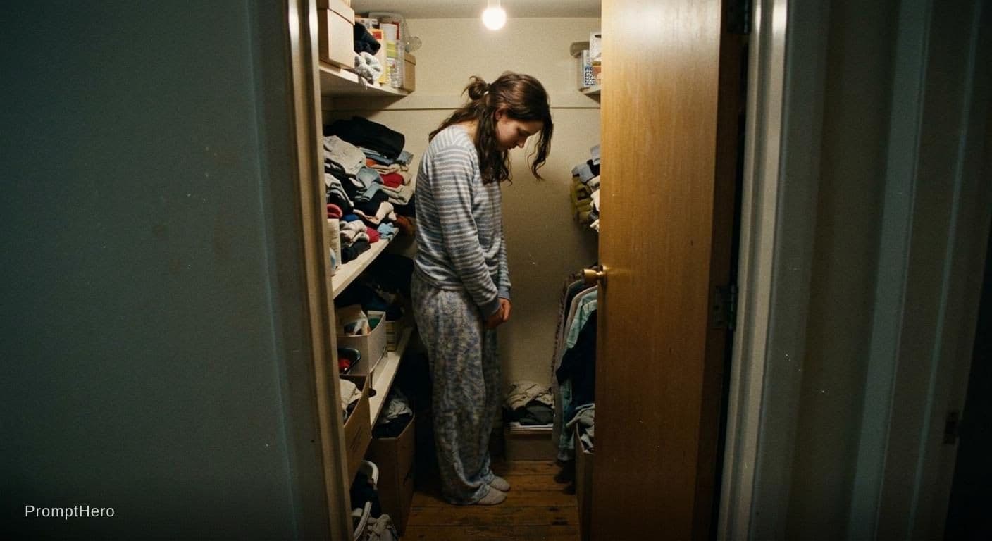 AI generated: Dark haired girl standing in a very tiny closet wearing pajamas   looking ashamed with head down
