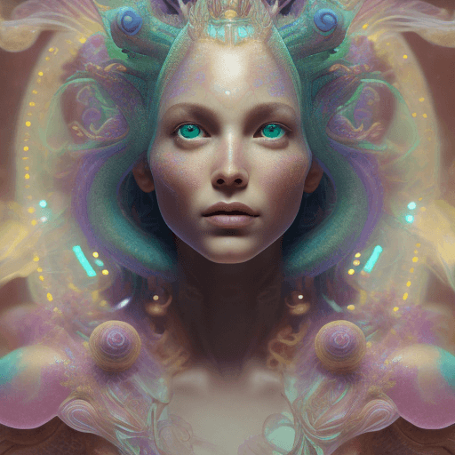 AI generated: Goddess close-up portrait ribcagel. jellyfish phoenix head, nautilus, orchid, skull, betta fish, bio...