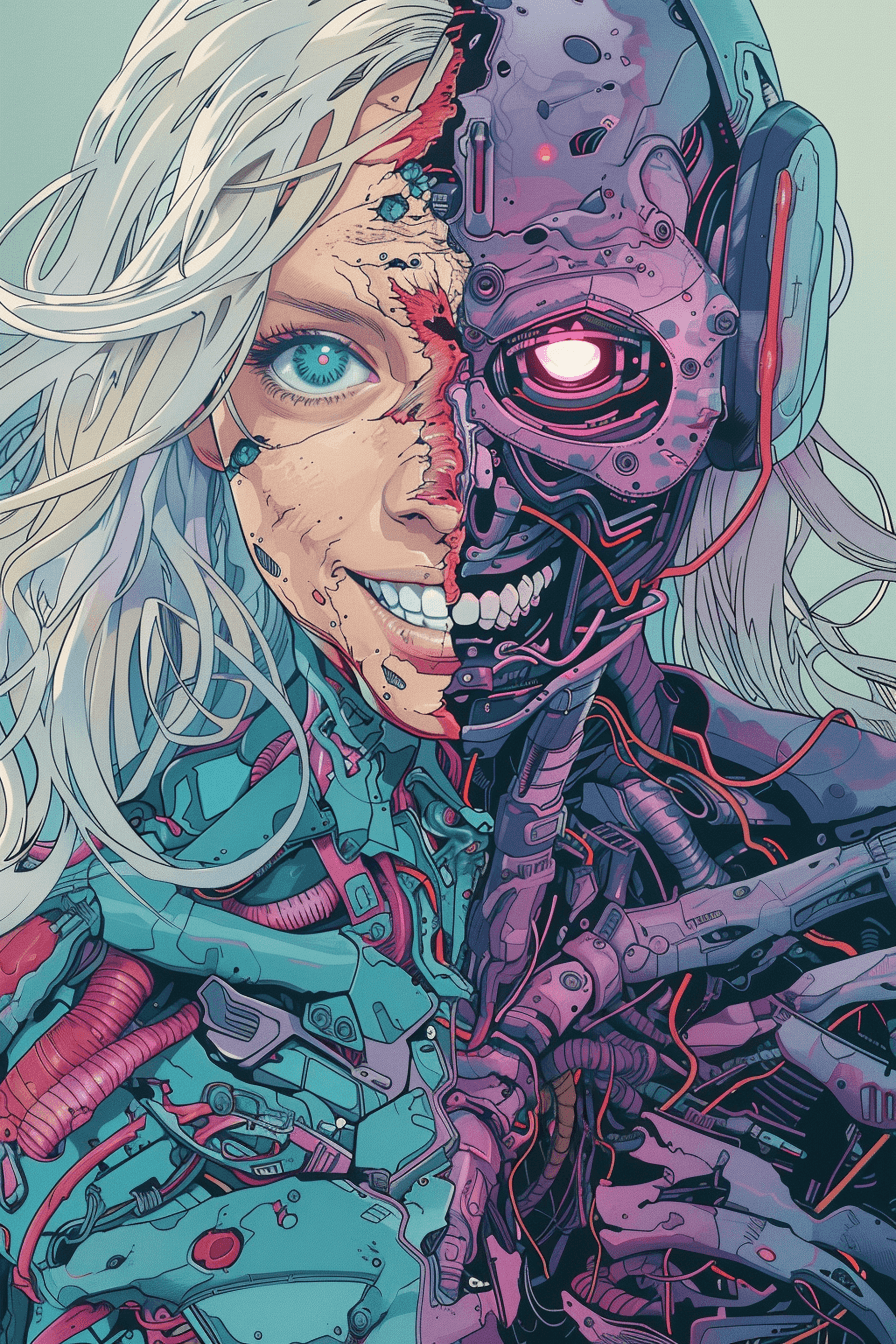 AI generated: A terrorific and beautiful female cyborg with half face destroyed. Moebius art style, close up portr...
