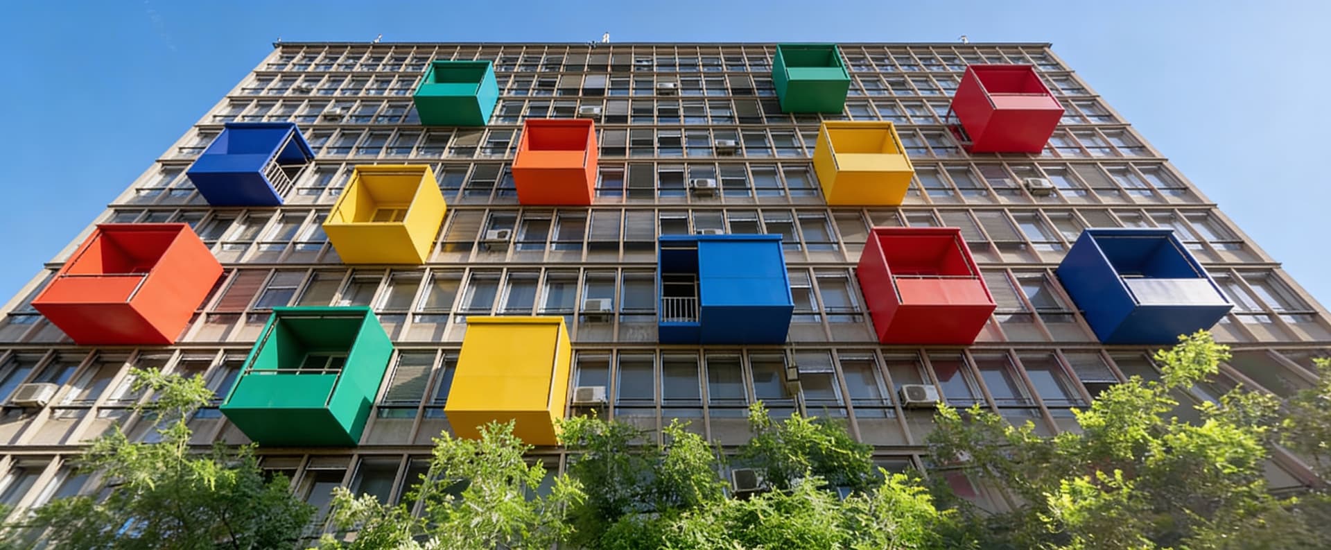 AI generated: Chanege this picture. Add colourful boxes of various sizes and colours that hang  out of the facade ...