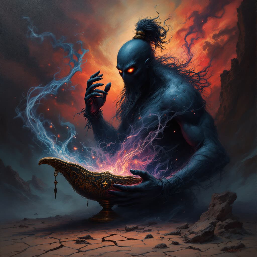 AI generated: An award-winning oil painting of a dark genie, emerging from an ancient, ornate lamp, its form swirl...