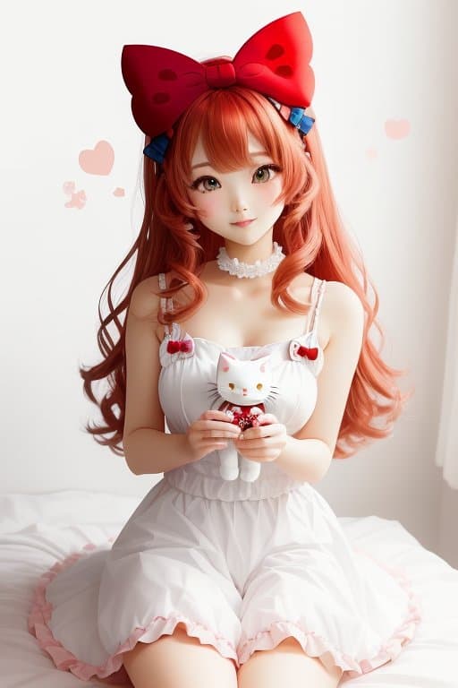 AI generated: hello kitty as a human, sfw, white fluffy hair, red hair bows, cats hello kitty, cute, anime