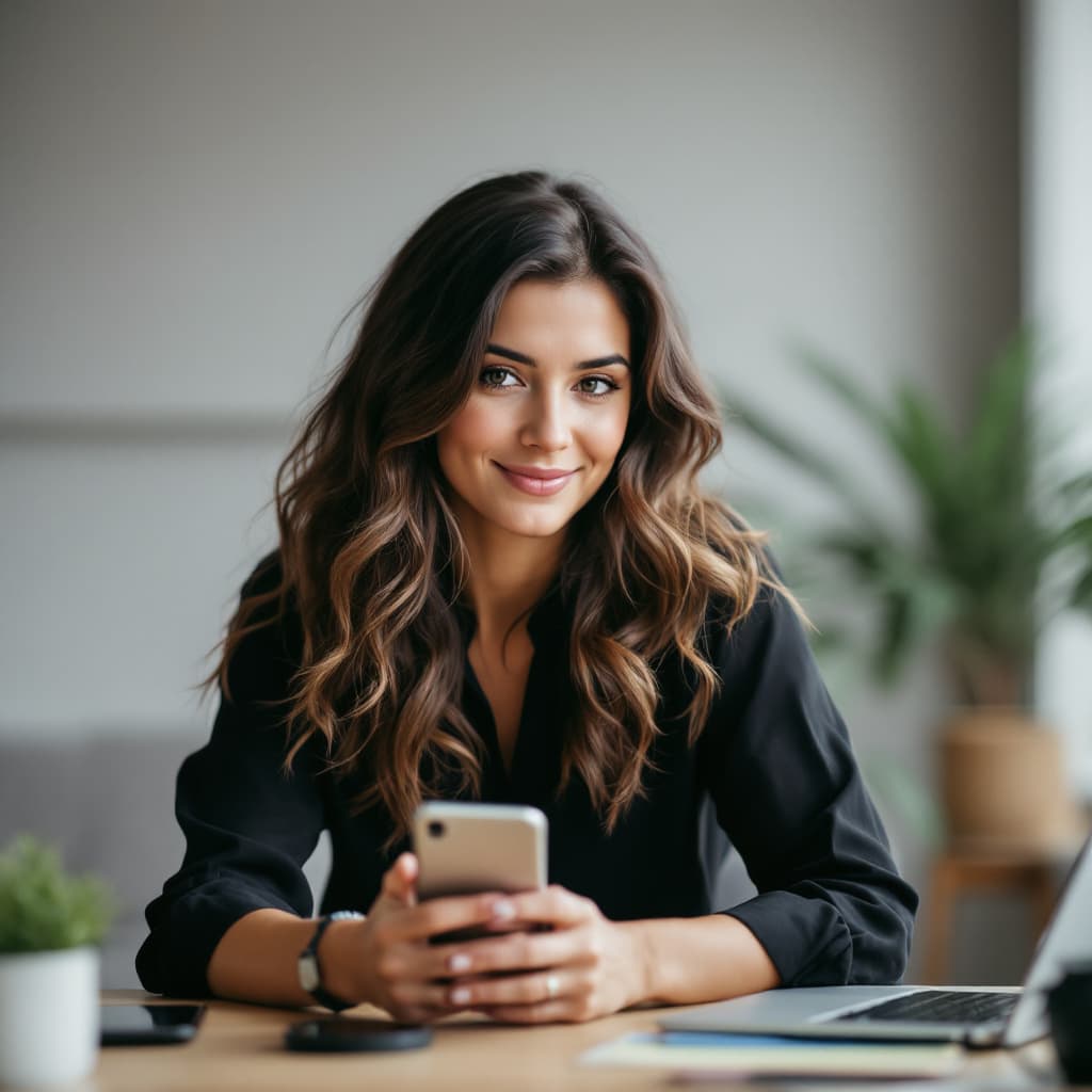 AI generated: Indoor portrait of a woman with wavy brown hair, holding a smartphone, black blouse, devices on tabl...