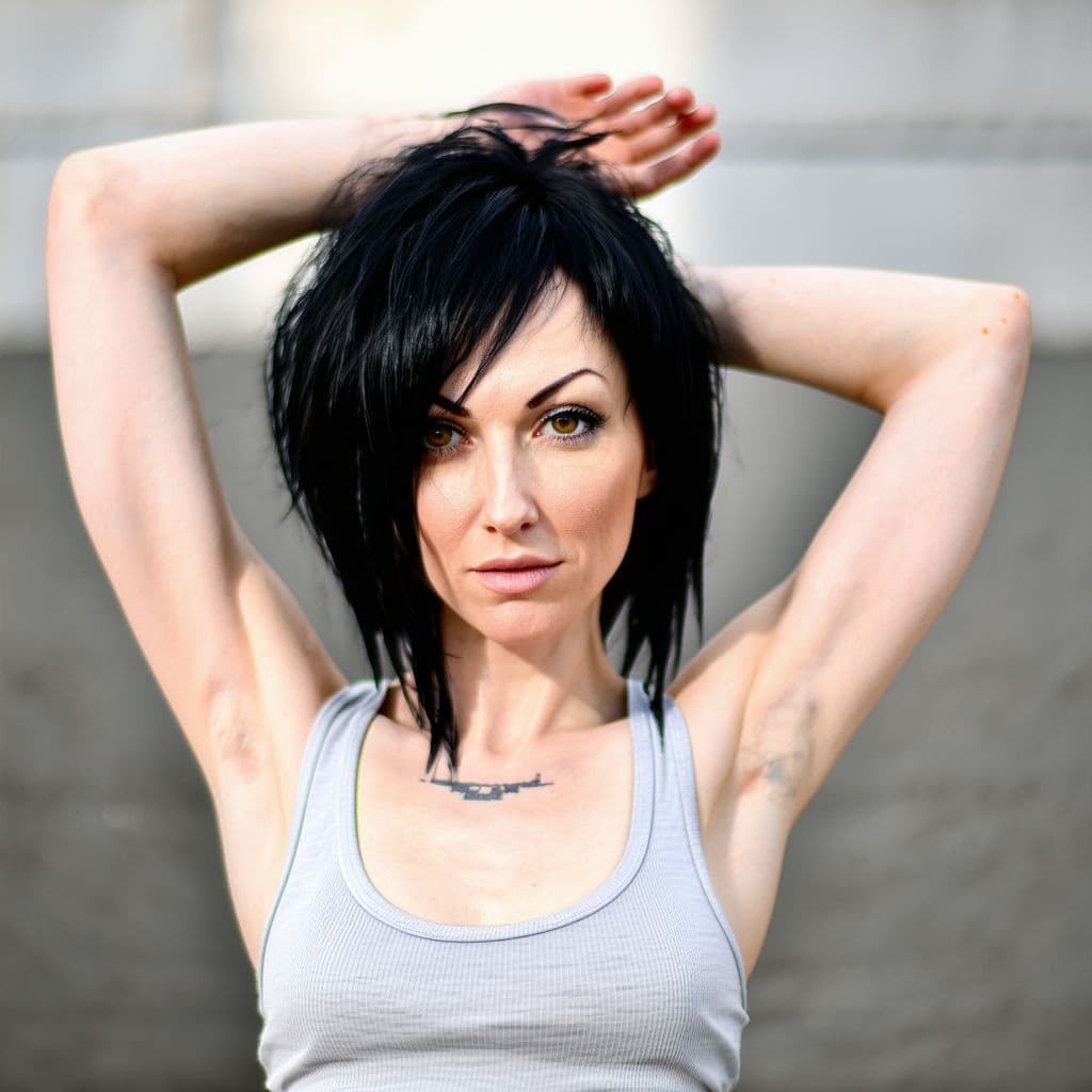 AI generated: Hyper realistic female with black hair, in tank top, arms up