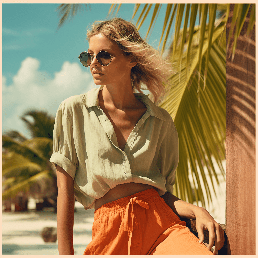 AI generated: Resort wear fashion, vacation-ready looks, Sony Alpha a6600, 18-135mm lens, midday sun, telephoto zo...