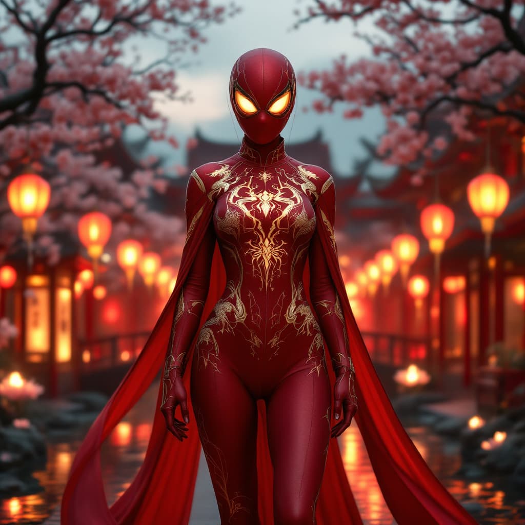 AI generated: Ultra-realistic female Spider-Woman, full-body view, photorealistic 8K rendering, wearing a sleek, f...