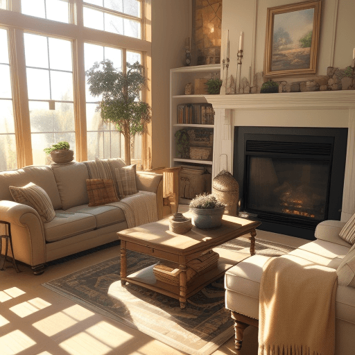 AI generated: Indoor living room scenery that feels like a real photo, sunlight shining, cozy, neatly organized, f...