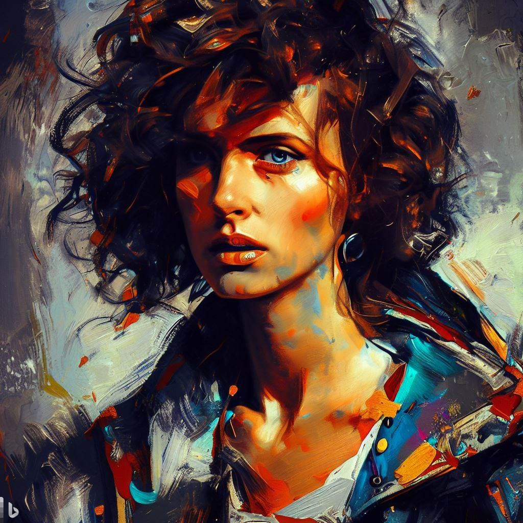 AI generated: Disco elysium style, colourful abstract brush strokes, paint portrait of girl, flirting, curly short...