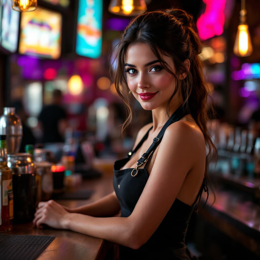 AI generated: female dressed as bartender, standing behind bar, serving beer, gorgeous, attractive, smiling, (((fu...