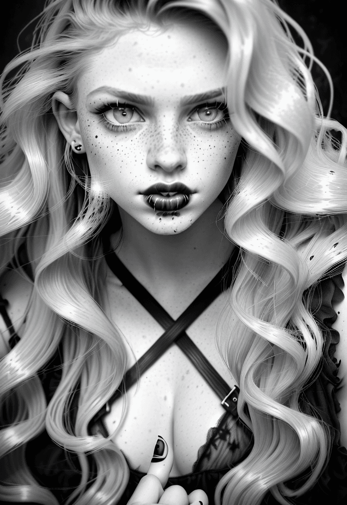 AI generated: black and white, grunge style photograph of ginger female instagram model close up, beautiful, long ...