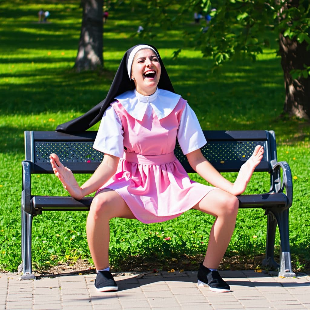 AI generated: drunk, young nun in short pink habit laughing daemonic and spreading legs on a park bench in a middl...