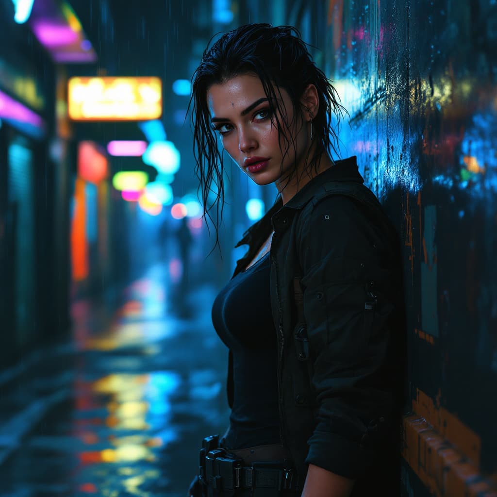 AI generated: Cyberpunk. A hardened woman with slicked-back wet black hair, athletic build, wearing a black tactic...