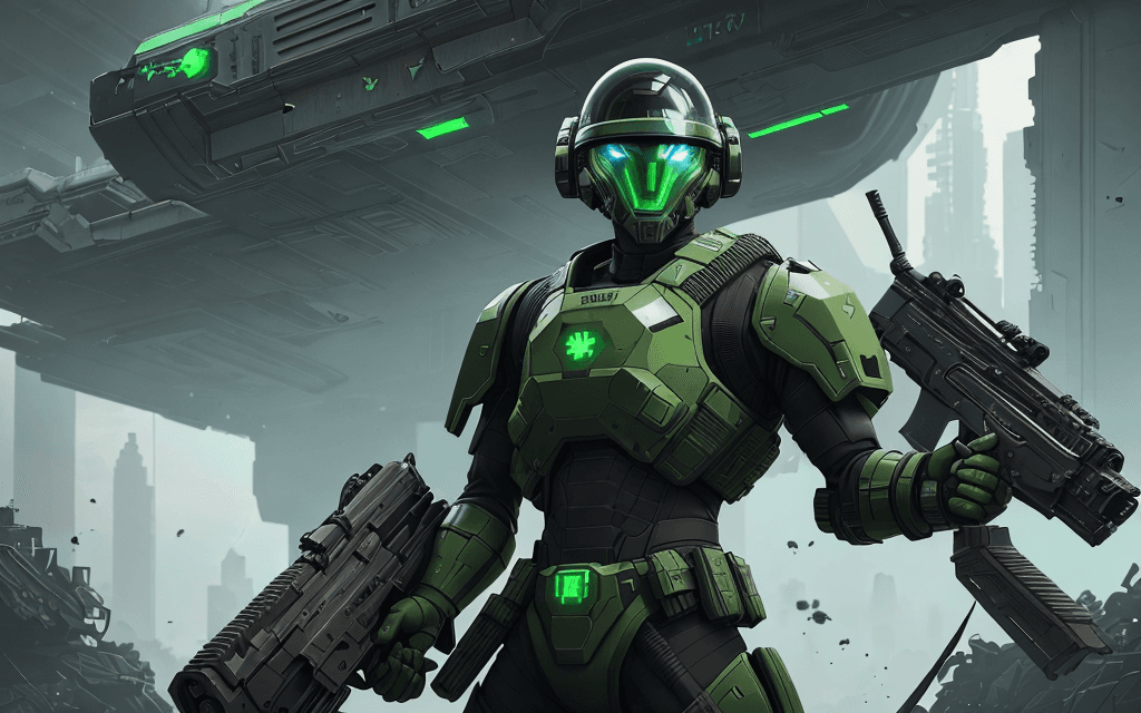 AI generated: brutal man warrior stands and holding a M41A Pulse Rifle in his hands, after the battle,green eyes w...