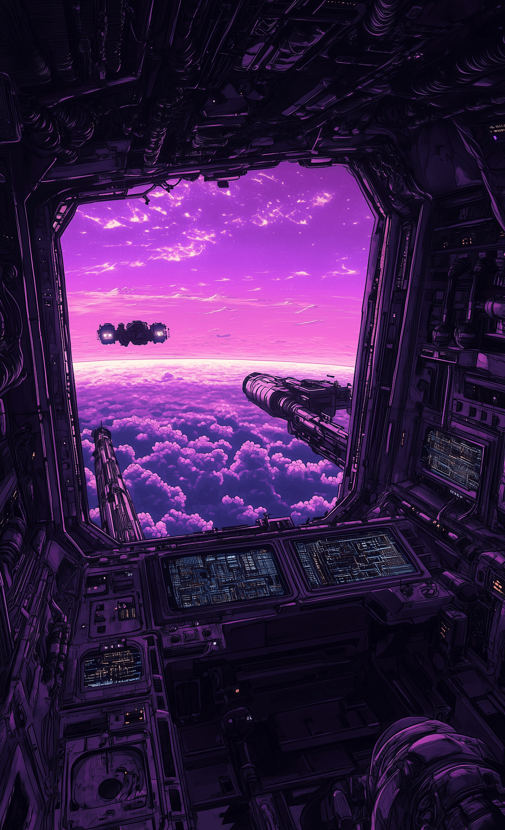 AI generated: A purple sky, viewed from inside a space station with astronauts in the control room controlling the...