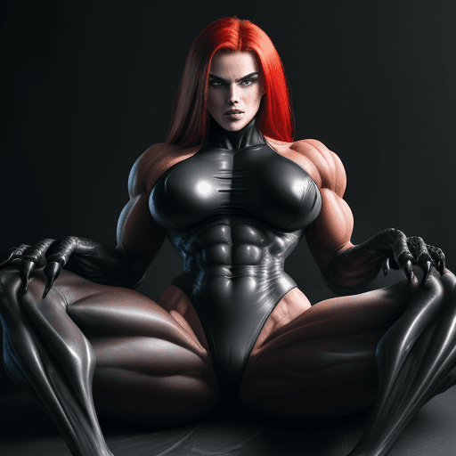 AI generated: 1 young beautiful bodybuilder woman with a wide strong jaw wearing a black monster symbiote, red hai...