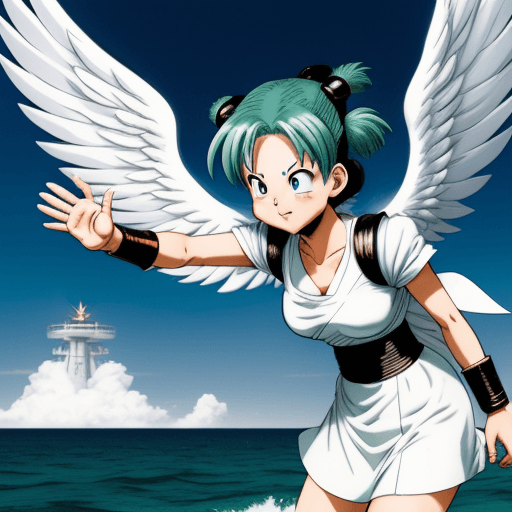 AI generated: Toriyama Akira's comic IP bulma, with white angel wings behind her and an angel ring on his head, wa...