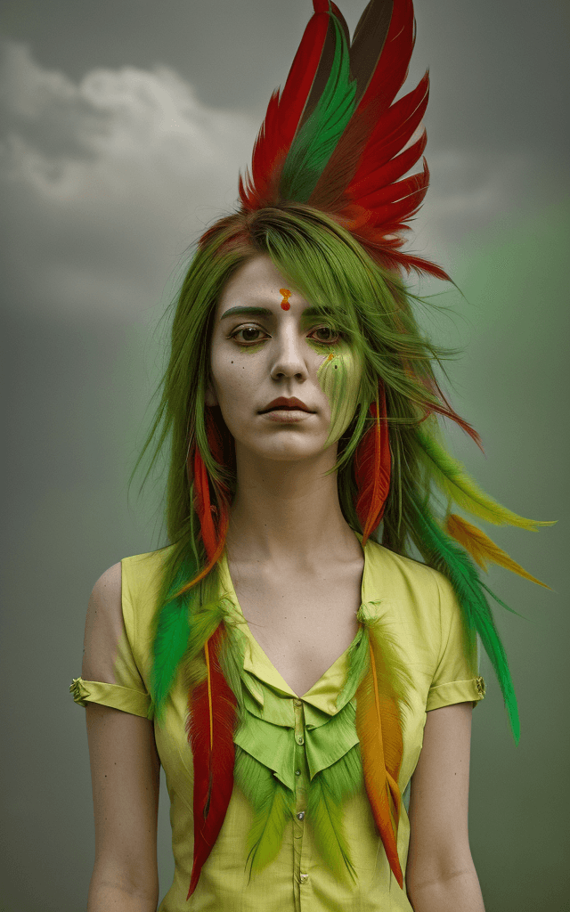 AI generated: a woman wearing light green blouse with red feathers in her hair, dark yellow and light green, proce...
