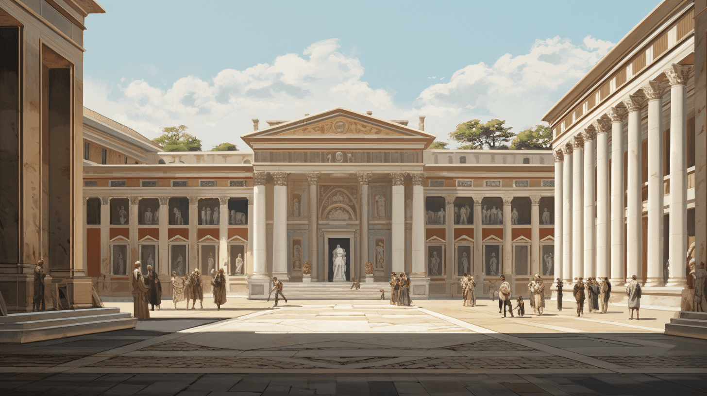 AI generated: an old illustration of a building in a courtyard, in the style of hellenistic art, monumental figure...