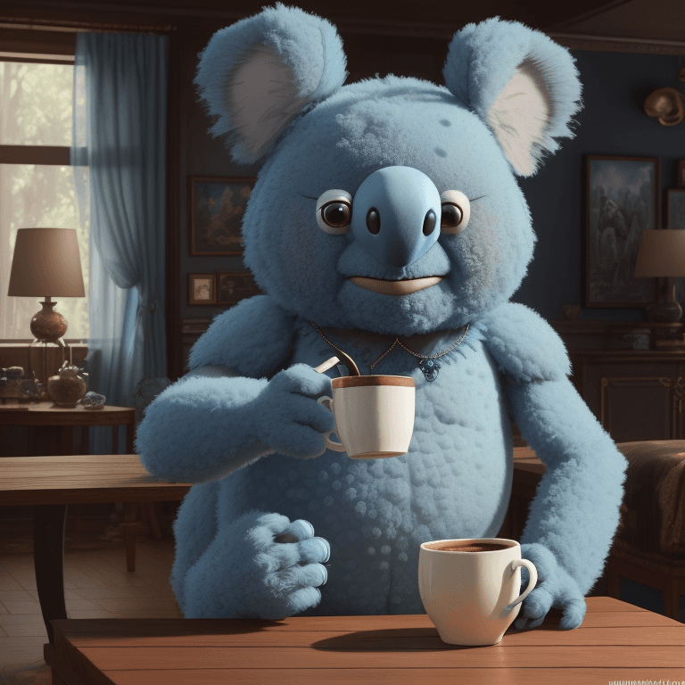 AI generated: blue koala as a muppet, spongy texture, having a coffee on a wooden table, classic living room in th...